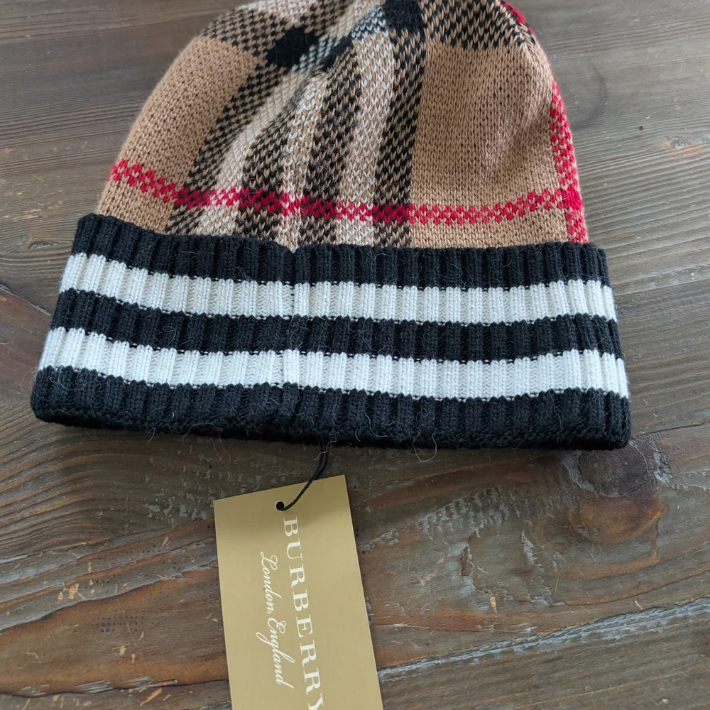 Burberry Tan and Red Nova Check Knit Beanie with Black & White Stripe Cuff - Picture 2 of 3